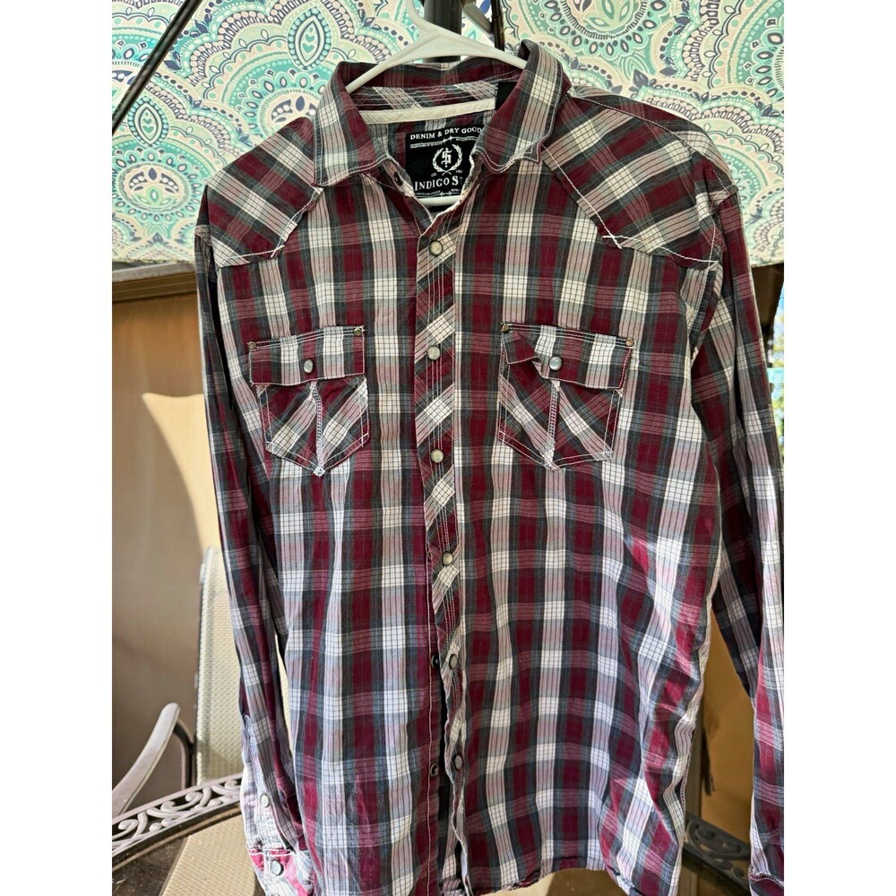 Indigo Star Mens L Western Shirt Plaid Pearl Snap Cowboy Rodeo Burgundy Gray